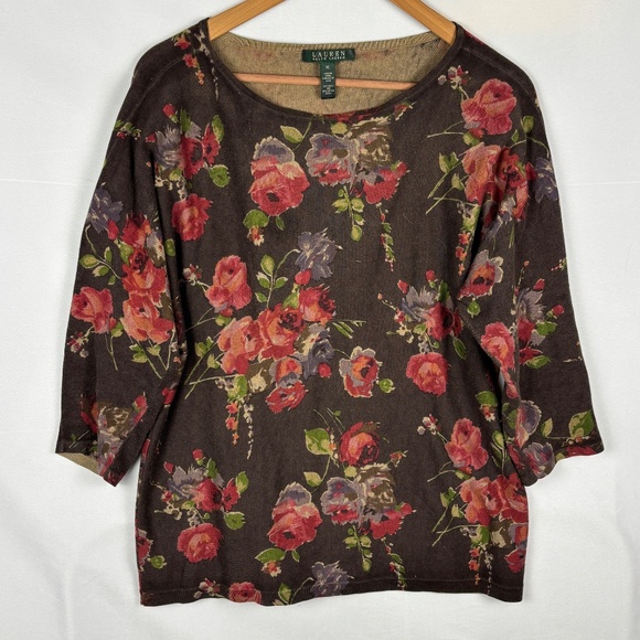 Lauren Ralph Lauren Women's ¾ Sleeve Knit Top XL Silk Cotton Floral Fall Office - Picture 1 of 8